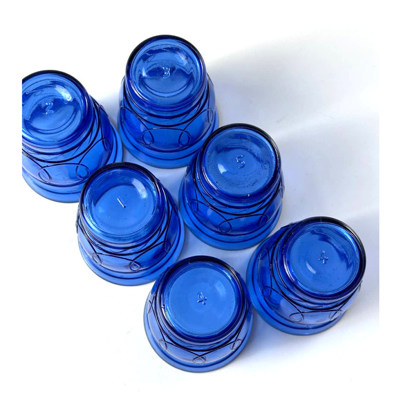 Vintage Hazel Atlas Ring O Rings Cobalt Blue Shot Juice Cordial Glasses Tumblers - Picture 7 of 12
